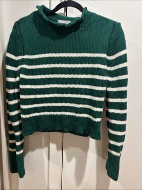 J. Crew Green and White Striped rollneck Sweater